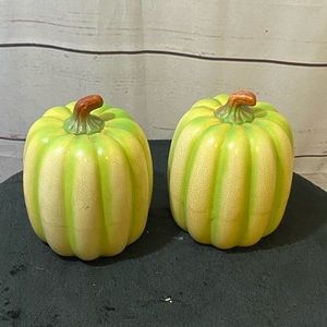 Set of 2 Green/White Ceramic Pumpkins 8 Inches Tall